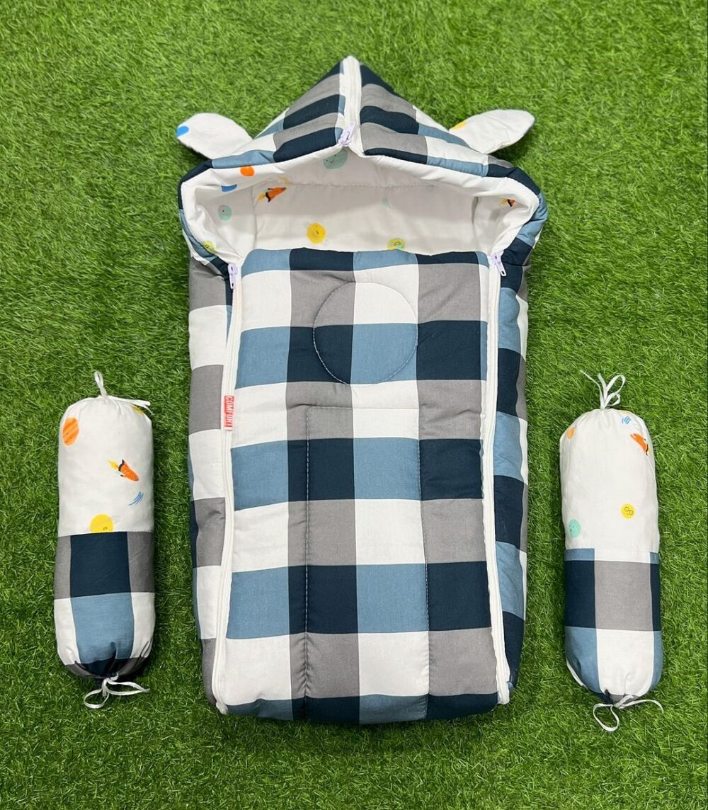 3pcs 2in1 hooded travel carry nest cute bundle (blue checkered) 2